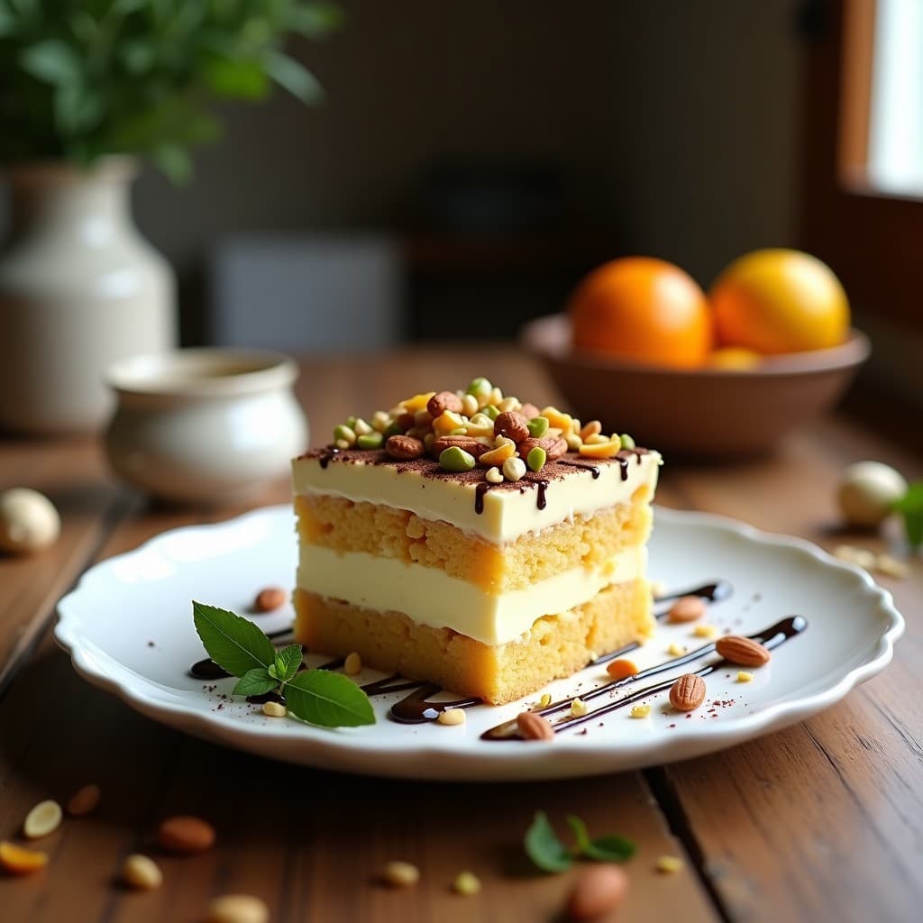Cassata Siciliana con helado de ricotta y frutos secos en un plato blanco, mostrando capas de bizcocho, helado cremoso, fruta confitada y frutos secos tostados, decorada con hilos de chocolate negro.