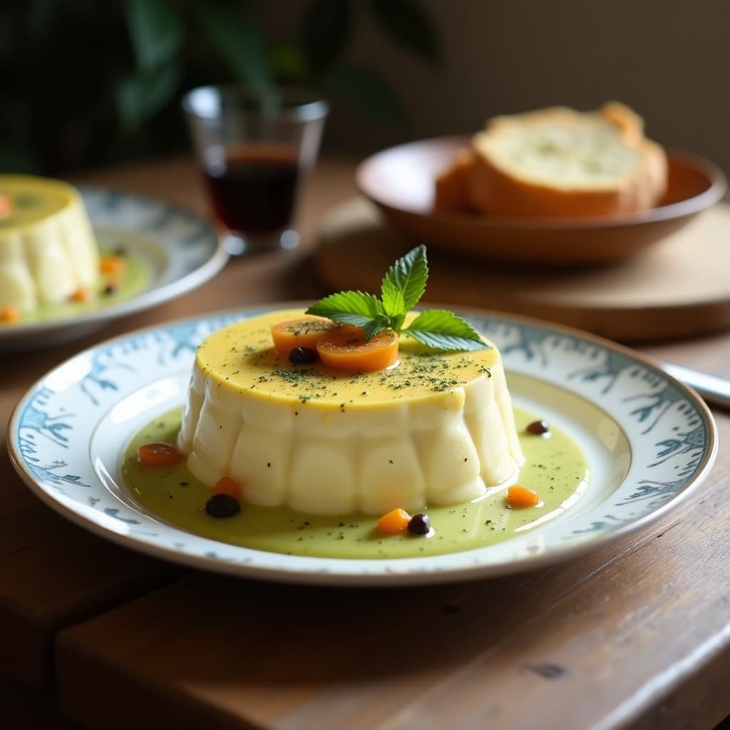Cassata Siciliana vegana en molde desmontable con capas visibles de bizcocho de almendra dorado y crema de pistacho verde claro. Decorada con almendras fileteadas, fruta escarchada en trozos y espolvoreada con cacao en polvo, sobre fondo rústico de madera.