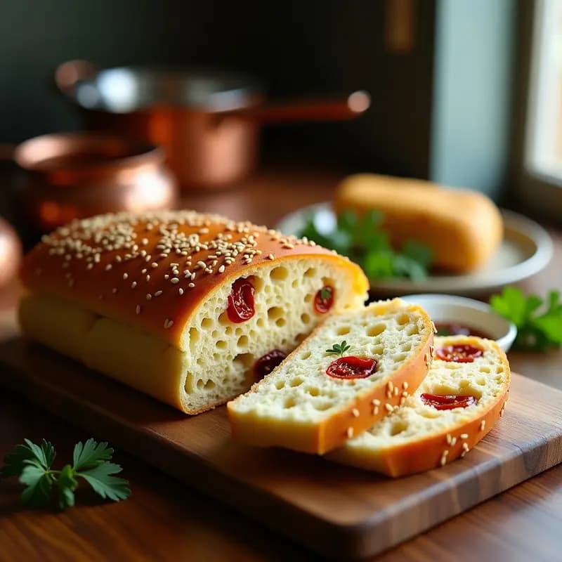 Pan de yuca dorado y esponjoso cortado en rebanadas gruesas, con trozos de queso de cabra y tomates secos visibles en su interior, espolvoreado con semillas de sésamo tostadas. Servido sobre una tabla de madera rústica con un fondo de cocina acogedor.