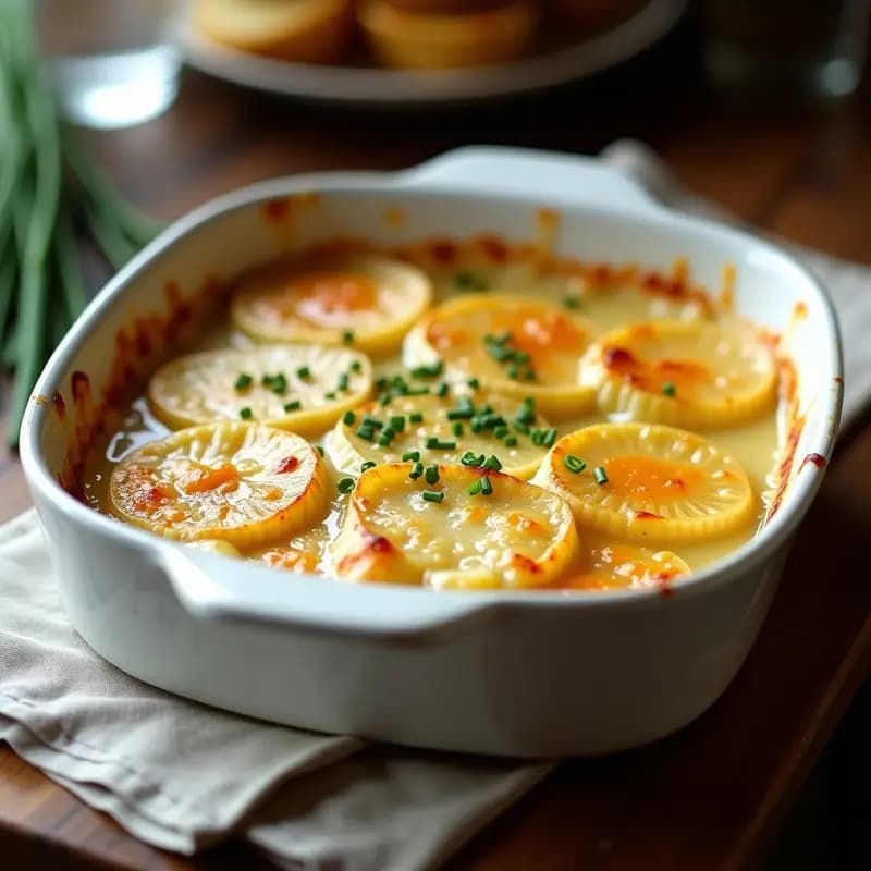 Fuente de cerámica blanca con Casseur de Pommes de Terre, gratinado francés de patatas en capas finas cubiertas con salsa bechamel cremosa y queso Gruyère dorado y burbujeante, decorado con cebollino picado.