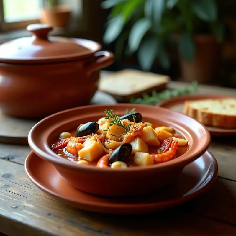 Cazuela de barro humeante con C_assocà de mariscos y azafrán, guiso catalán de pescado blanco, gambas rojas, mejillones y calamares en salsa espesa de color dorado por el azafrán y las ñoras, decorado con tomillo fresco y servido con pan rústico tostado.