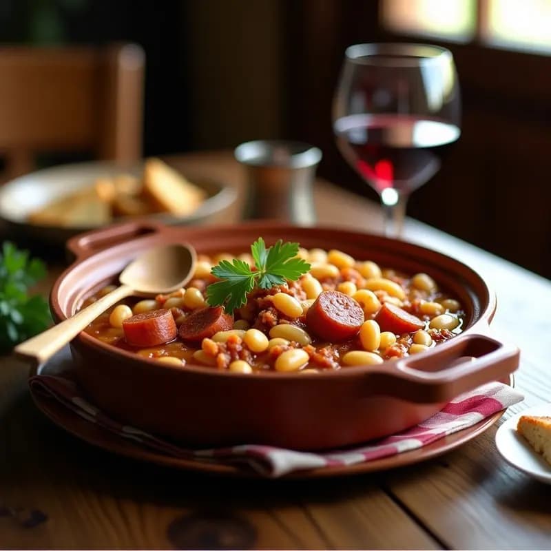 Cazuela de barro humeante con Cassoulet Francés de alubias blancas y chorizo, cubierto de migas de pan doradas y queso fundido, rodeado de hierbas frescas y pan rústico.