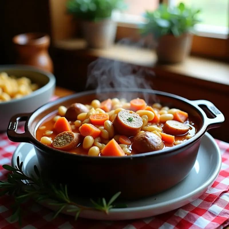 Cassoulet francés vegano en cocotte de hierro, con alubias blancas cremosas, rodajas de salchichas veganas doradas y una costra crujiente de pan rallado. Plato reconfortante servido en porción generosa, ideal para días fríos.