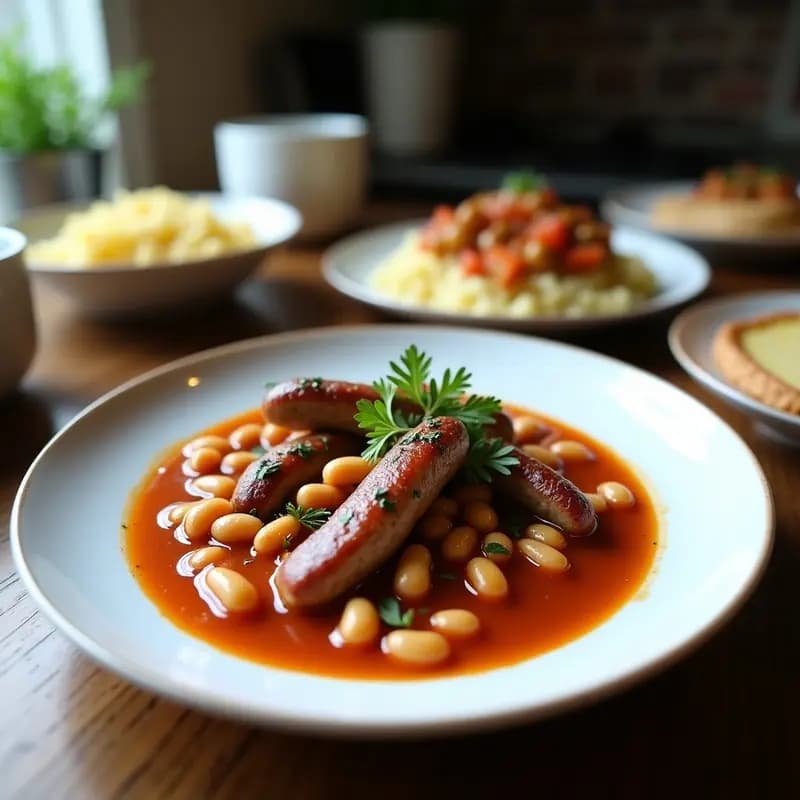 Cazuela de barro humeante con cassoulet francés vegano de alubias blancas cremosas y salchichas de seitán doradas, cubierto de migas de pan tostado y hierbas provenzales, servido sobre mesa rústica de madera.