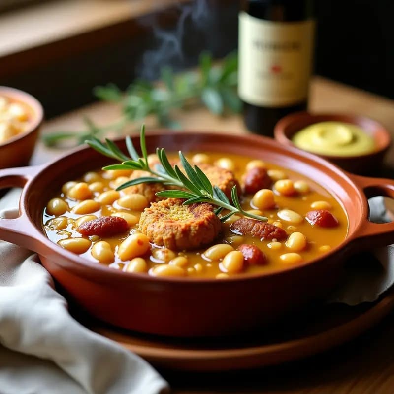Cazuela de barro con cassoulet blanco vegano: frijoles cannellini cremosos, salchichas de lentejas doradas y costra de pan integral crujiente, servido con hierbas provenzales espolvoreadas.