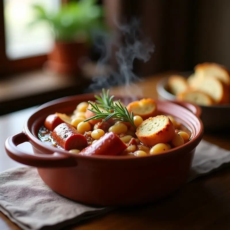 Cazuela de barro con cassoulet francés de alubias blancas y salchichas de Toulouse, cubierto por una costra dorada de pan tostado con ajo, hierbas provenzales visibles y un aspecto cremoso y contundente, ideal para invierno.