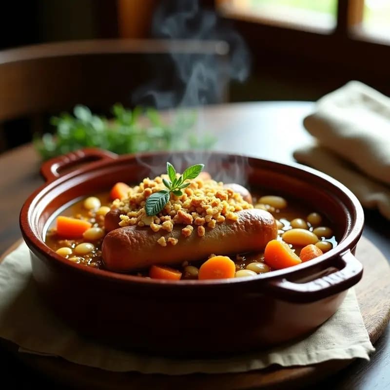 Plato hondo de barro con cassoulet francés vegano de frijol blanco y salchicha de seitán, cubierto de pan rallado dorado y hierbas frescas, servido en mesa rústica de madera con fondo de cocina tradicional.