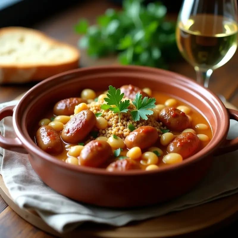 Cazuela de barro con cassoulet francés vegano, frijoles blancos cremosos, salchichas vegetales doradas y hierbas provenzales, servido en olla lenta con capa crujiente de pan rallado.