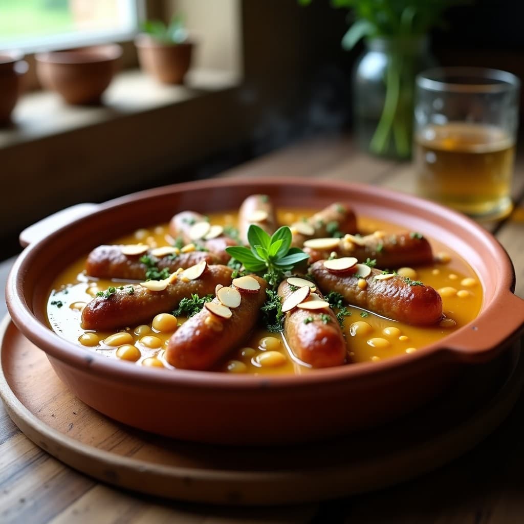 Cazuela de barro humeante con cassoulet vegano de frijoles blancos cremosos y salchichas doradas de lentejas y champiñones, espolvoreado con almendras fileteadas. Plato tradicional francés adaptado a versión vegana en olla express, con hierbas provenzales visibles y un fondo rústico de madera.
