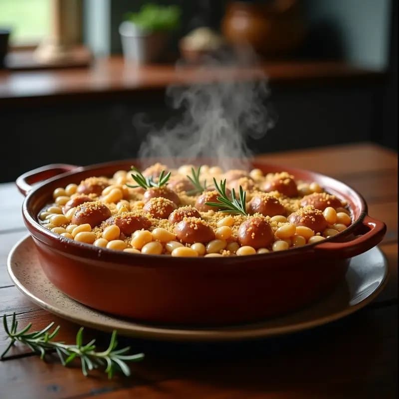 Cazuela de hierro fundido con cassoulet francés de frijoles cannellini y salchichas de pollo doradas, cubierto por una costra crujiente de pan rallado, servido sobre una mesa rústica de madera con hierbas provenzales espolvoreadas.