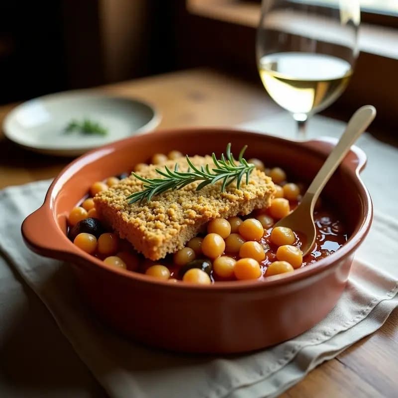 Cazuela de barro humeante con Cassoulet de Garbanzos y Berenjena vegano, cubierto por una costra dorada de pan rallado y hierbas provenzales, servido sobre un mantel rústico de lino con una cuchara de madera.