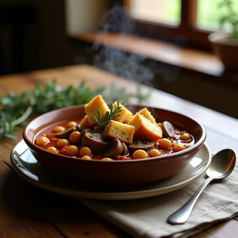 Cassoulet vegano de garbanzos y champiñones servido en un plato de barro, con estofado espeso y dorado coronado por cubos de pan de centeno tostado y crujiente. Hierbas frescas y un fondo rústico completan la imagen.