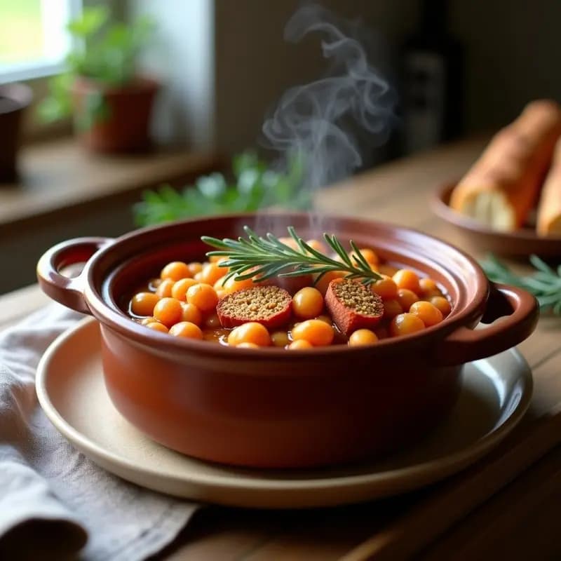 Cazuela de barro con Cassoulet de Garbanzos y Chorizo Vegano en olla lenta, cubierto por una costra dorada de pan rallado, con hierbas frescas y rodajas de chorizo vegano asomando entre los garbanzos tiernos.