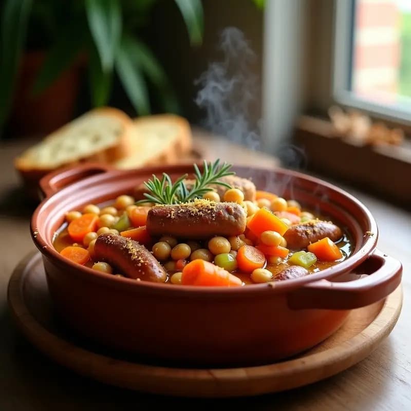 Cassoulet de garbanzos y salchichas veganas en olla lenta, servido en cazuela de barro con costra dorada de pan rallado, rodeado de hierbas frescas y rodajas de pan rústico.