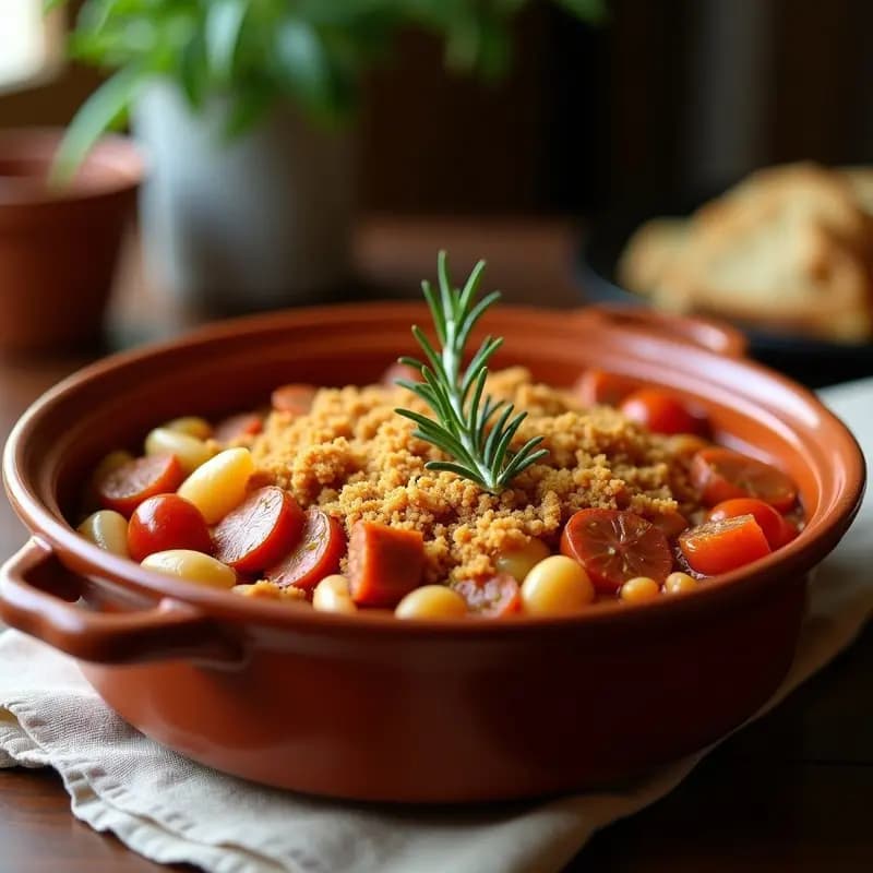 Cazuela de barro con cassoulet francés vegano: judías blancas cremosas, chorizo vegano ahumado y costra dorada de pan integral, decorado con ramitas de romero fresco.