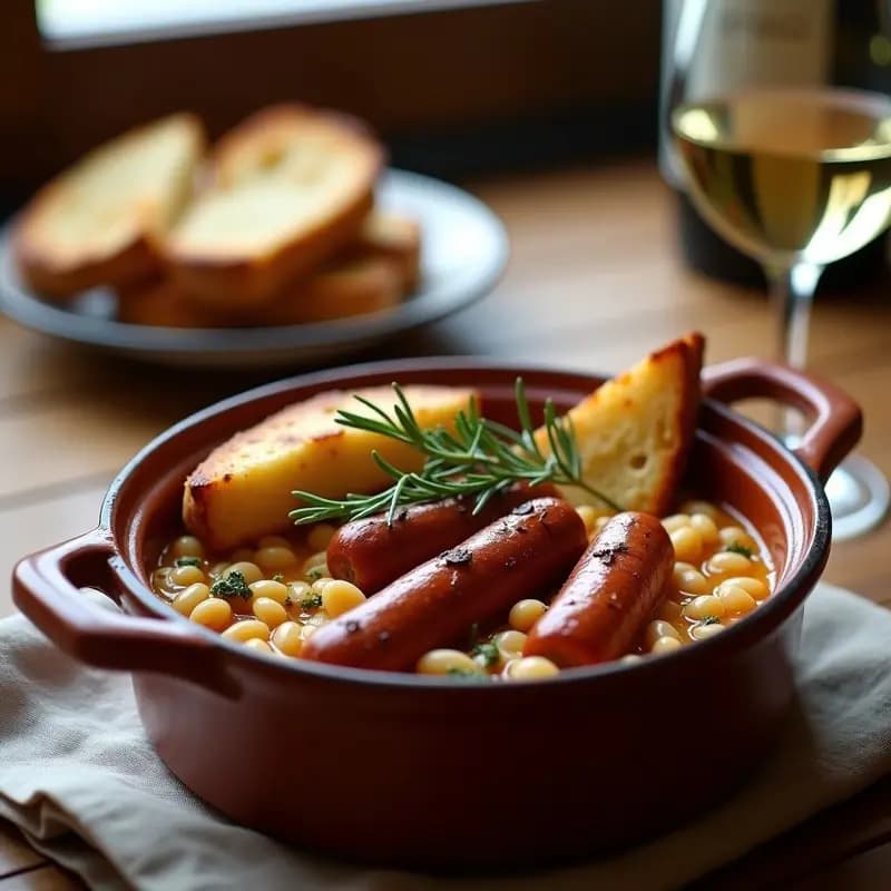 Cassoulet de judías blancas y salchichas veganas servido en una olla de barro rústica, con una capa dorada de pan crujiente en la superficie. Acompañado de hierbas frescas y un fondo de cocina francesa tradicional.