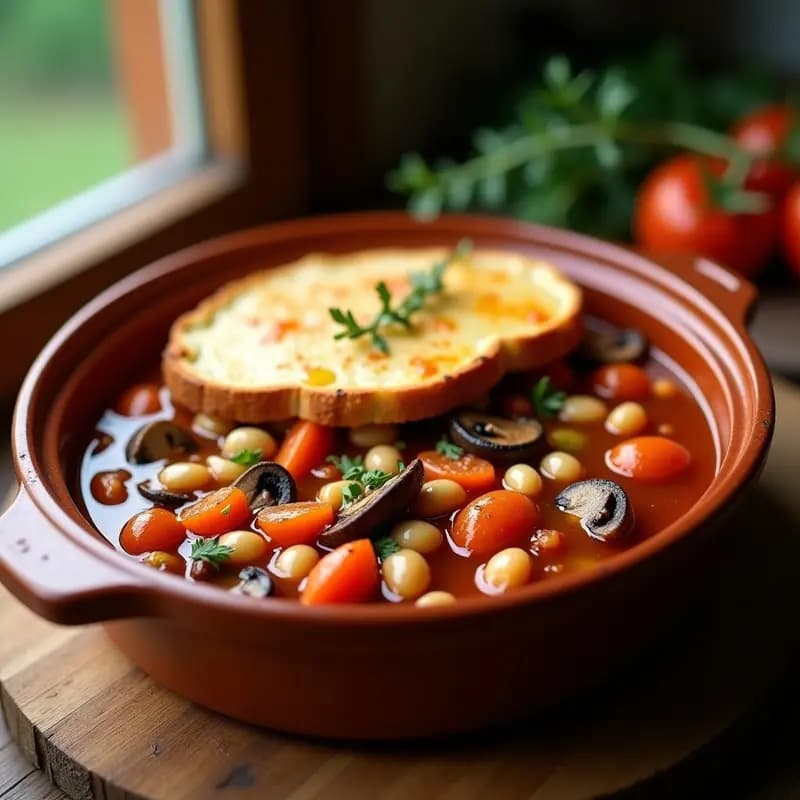 Cazuela de barro con cassoulet vegano francés: estofado espeso de frijoles blancos y verduras, cubierto por una costra dorada y crujiente de pan, servido en mesa rústica con hierbas frescas.
