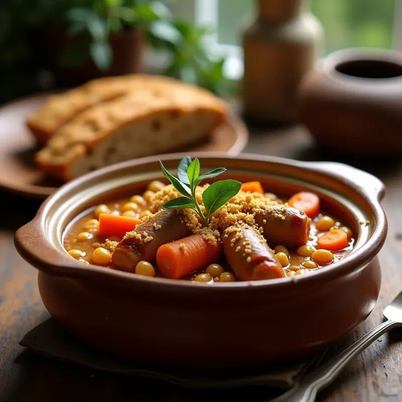 Cassoulet vegano de garbanzos y salchicha de lentejas en olla lenta, servido en cazuela de barro con costra dorada de pan y hierbas provenzales espolvoreadas.