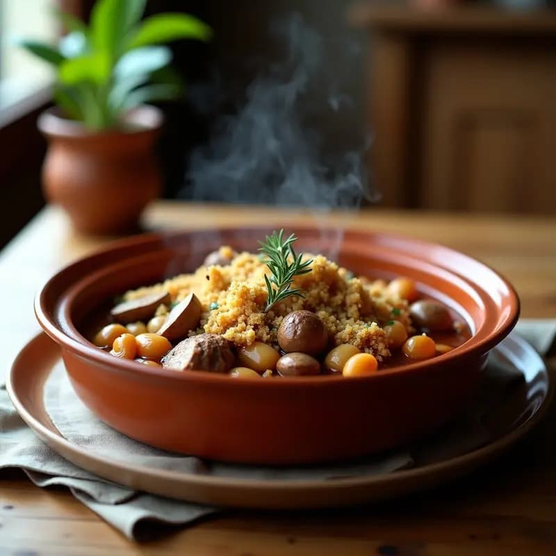 Cazuela de barro negra con cassoulet vegano de judías blancas y champiñones portobello, cubierto de una costra dorada de pan y levadura. Acompañado de hierbas frescas y servido en mesa rústica de madera.