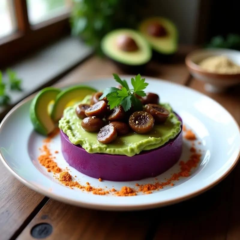 Causa de camote morado y aguacate en capas perfectas, con relleno de champiñones salteados, decorada con semillas de sésamo y cilantro fresco sobre hojas de lechuga morada.