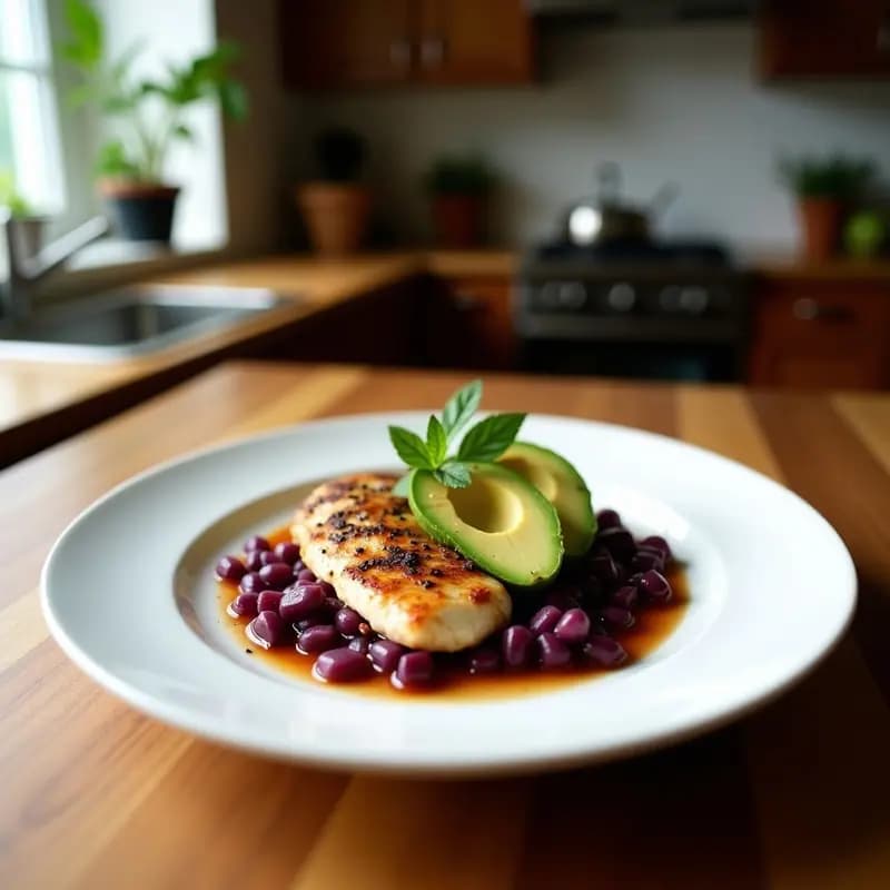 Plato rectangular de causa de camote morado y pollo al palto, con capas vibrante moradas y relleno cremoso verde. Decorado con huevo picado, cilantro fresco y rodajas de limón sobre fondo rústico de madera.