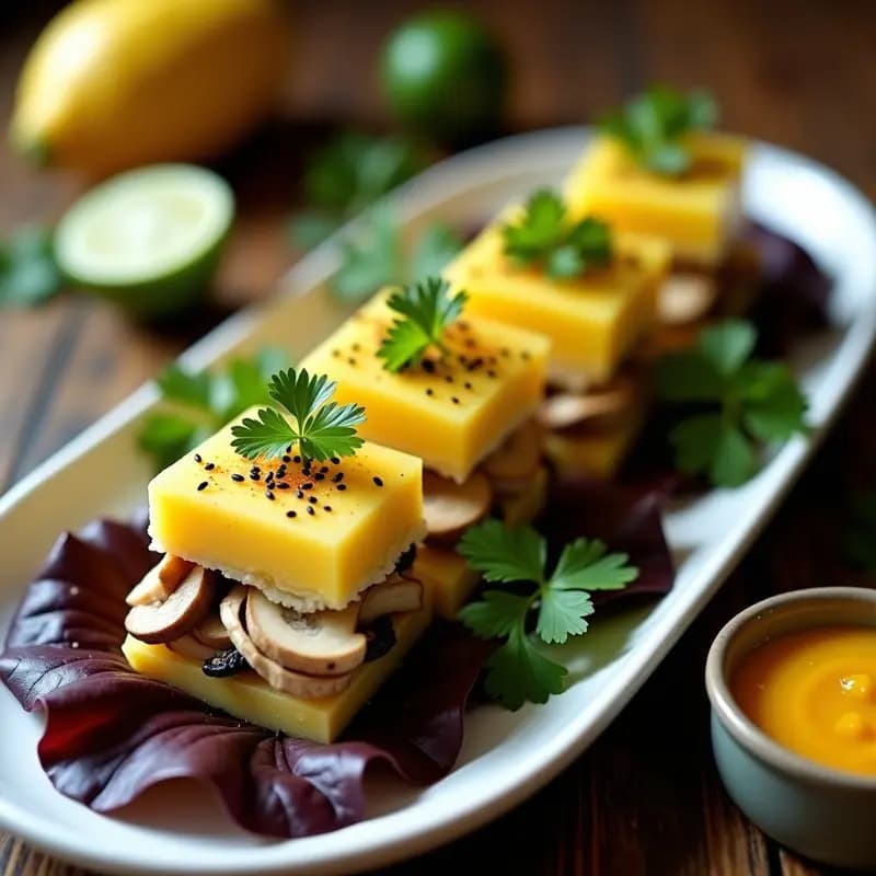 Causa rellena de champiñones y palma corazón en porciones rectangulares, con capas visibles de puré de papa amarilla, rodajas de palma corazón y champiñones salteados. Servida sobre hojas de lechuga morada y decorada con semillas de sésamo negro y gajos de limón verde. Plato gourmet peruano vegano.