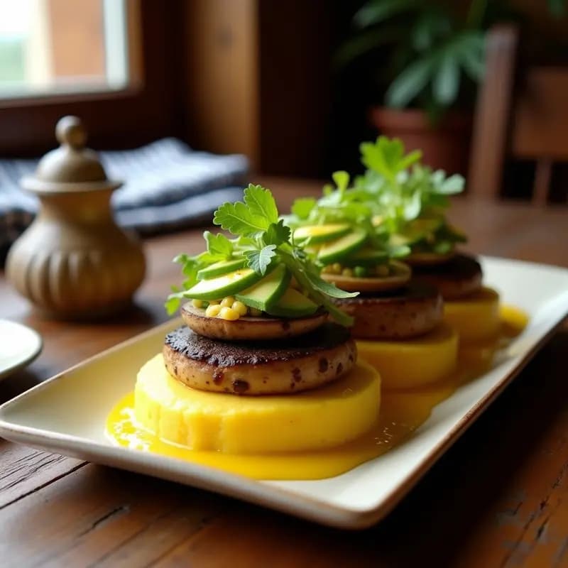 Plato rectangular de causa de champiñones portobello vegana con capas amarillas de puré de papa y láminas oscuras de champiñones, decorado con hojas de lechuga, rodajas de aguacate y salsa amarilla de ají amarillo.