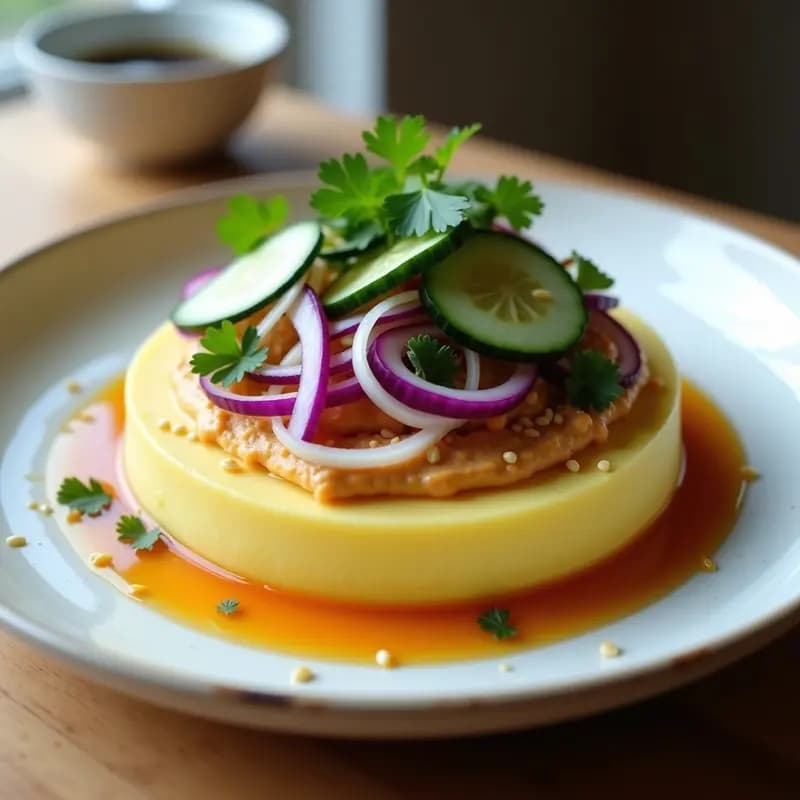 Causa peruana vegana en molde rectangular con capas visibles de puré de papa amarillo, hummus de lentejas cremoso y vegetales encurtidos morados y naranjas. Decorada con cilantro fresco y semillas de sésamo tostadas, servida en plato blanco.