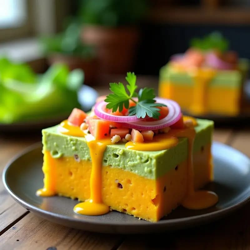 Plato de causa vegana peruana en capas: base de lentejas amarillas con ají, relleno cremoso de aguacate verde y decoración de salsa de ají amarillo y cilantro fresco sobre hojas de lechuga.
