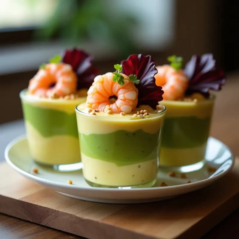 Causa Limeña de Camarones y Aguacate en copas de cristal transparente, con capas visibles de puré de coliflor cremoso, aguacate verde y camarones rosados marinado, decorado con hojas de lechuga morada y semillas de sésamo tostadas.