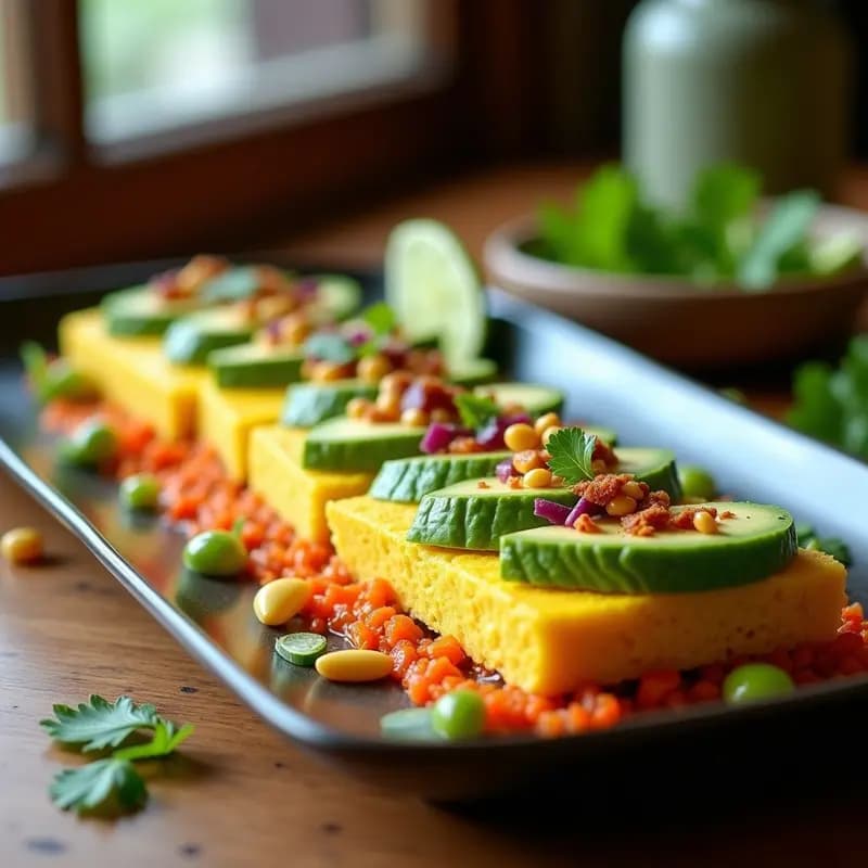 Causa lima vegana en molde rectangular con capas visibles de lentejas cremosas, aguacate verde y relleno colorido de cebolla morada, apio y pimiento amarillo. Decorada con hojas de lechuga morada y semillas de sésamo tostadas. Plato fresco y vibrante con toques peruanos.