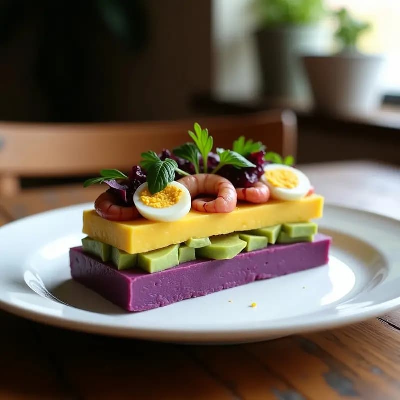 Plato rectangular de Causa Lima rellena de pulpo al olivo, con capas visibles de puré de patata morada vibrante, pulpo en trozos con aceitunas, aguacate en láminas y decoración de huevo duro y salsa de ají amarillo sobre fondo rústico.