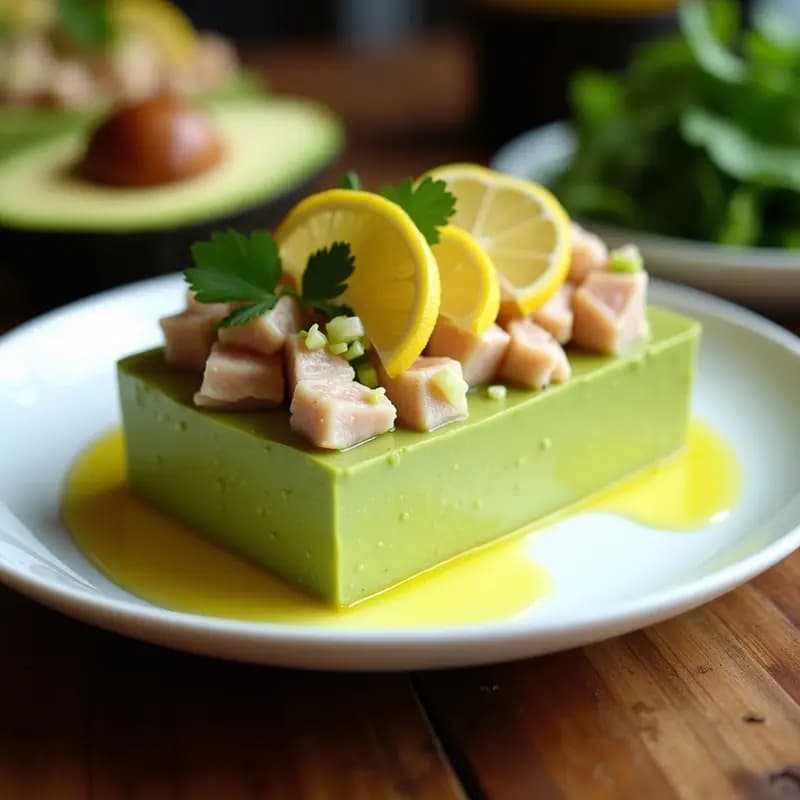 Causa limeña en molde rectangular con capas visibles de aguacate verde, atún desmenuzado y salsa de limón y aceite de oliva, decorada con rodajas de limón y hojas de cilantro fresco sobre fondo blanco.