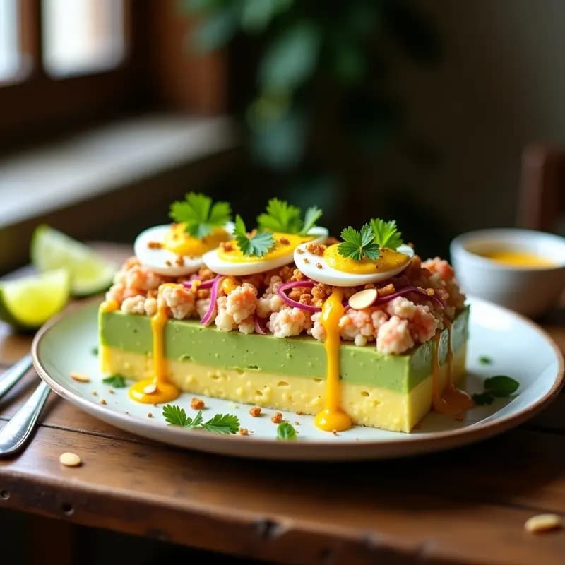 Causa limeña keto en molde rectangular con capas vibrantes de puré de aguacate verde y centolla naranja, decorada con huevo picado, almendras fileteadas y cilantro fresco sobre hojas de lechuga.