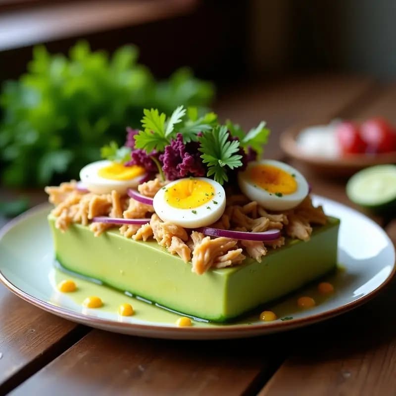 Plato rectangular de causa limeña en capas: base de puré de papa amarilla, capa de aguacate cremoso, pollo desmenuzado marinado en ají amarillo, hojas de lechuga y maíz morado. Decorado con huevo picado y cilantro fresco.