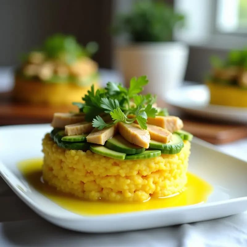 Plato rectangular de causa limeña con capas perfectamente definidas: puré de papa amarilla, relleno de atún con apio y cebolla, y palta en cubos. Decorado con hojas de lechuga y rodajas de huevo duro, servido frío.