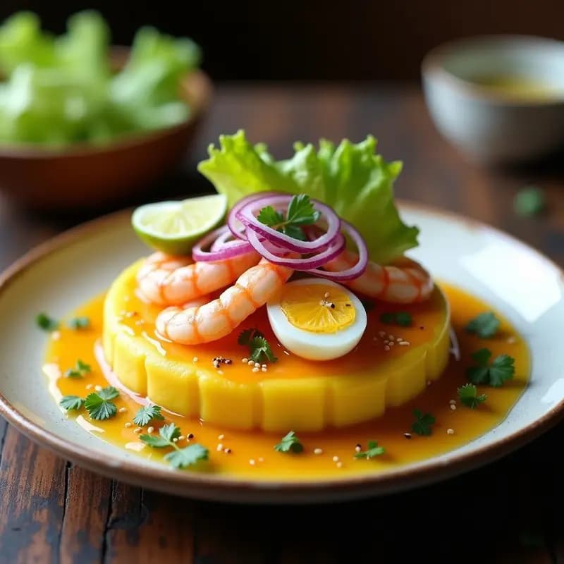 Causa Limeña de Camarones presentada en capas perfectas: base de puré de papa amarilla, relleno de camarones marinados con ají amarillo y limón, y decoración con cebolla morada, huevo duro, ajonjolí y hojas de lechuga sobre un plato blanco rústico.
