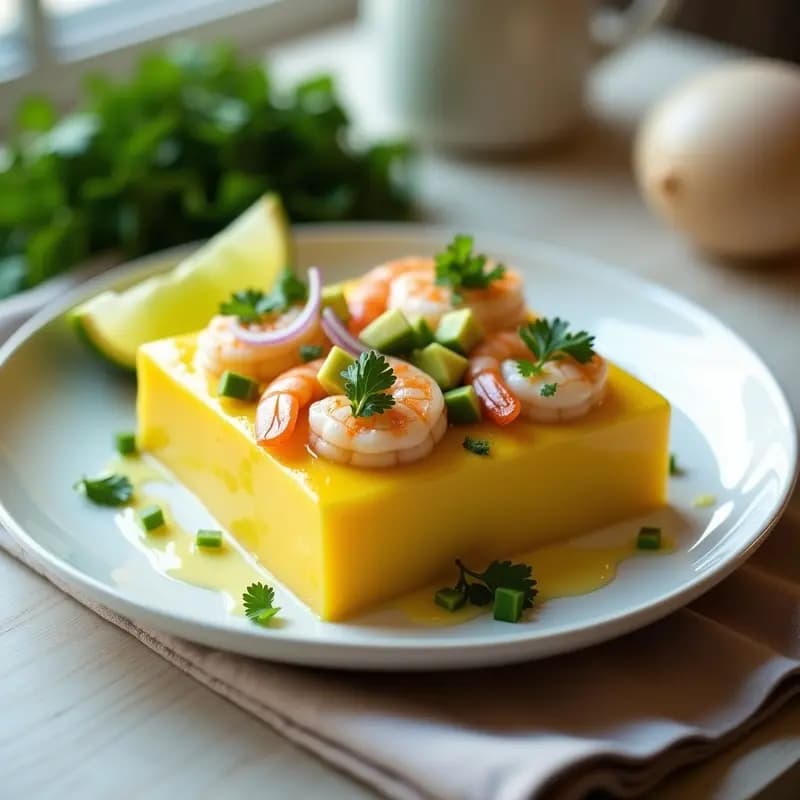 Causa limeña en capas perfectas: base de puré de papa amarilla, rellena de camarones al ajillo con jengibre, cubos de palta, cebolla morada, huevo rallado y cilantro fresco. Presentación elegante en molde rectangular, cortada en porciones y servida fría.