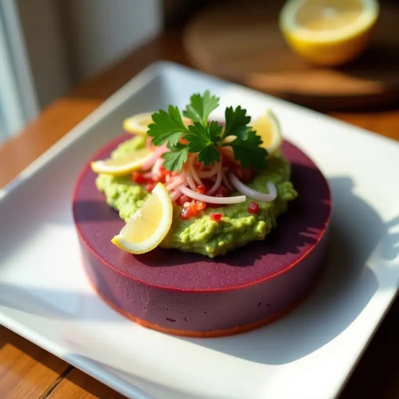 Causa limeña de palma corazón montada en capas: base de puré de papa morada violeta intenso, capa intermedia de corazón de palma desmenuzado con cebolla morada y cilantro, y capa superior de crema de aguacate verde claro. Decorada con hojas de cilantro y rodajas de limón sobre un plato blanco rectangular.