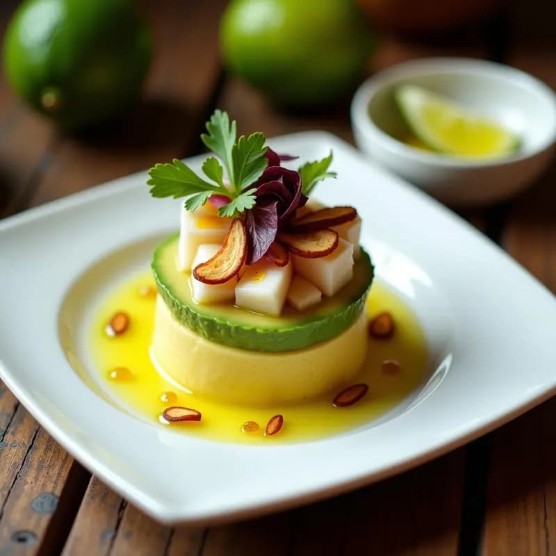 Causa limeña de palta y centollo con aliño de limón verde, servida en molde rectangular con capas visibles de puré de papa amarilla, aguacate verde y cebiche de centollo, decorada con hojas de lechuga morada y almendras tostadas.
