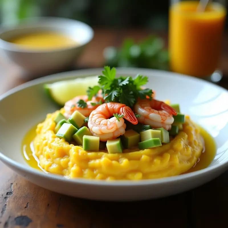 Bowl de cerámica blanca con causa limeña en capas: base amarilla cremosa de papa con ají, cubos de palta verde y langostinos rosados. Coronado con salsa criolla de cebolla morada y tomate, hojas de hierbabuena y rodajas de limón. Receta de causa limeña en versión bowl.