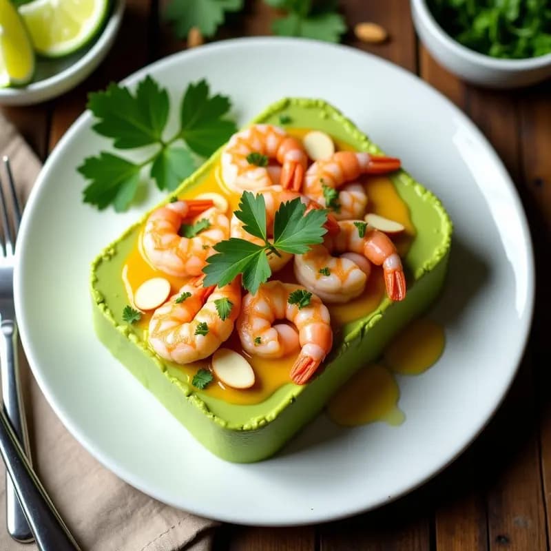 Causa limeña keto en molde rectangular, con capas verdes de aguacate y rosadas de langostinos al ají amarillo, decorada con huevo picado, cilantro y almendras fileteadas, servida en plato blanco sobre mesa rústica.