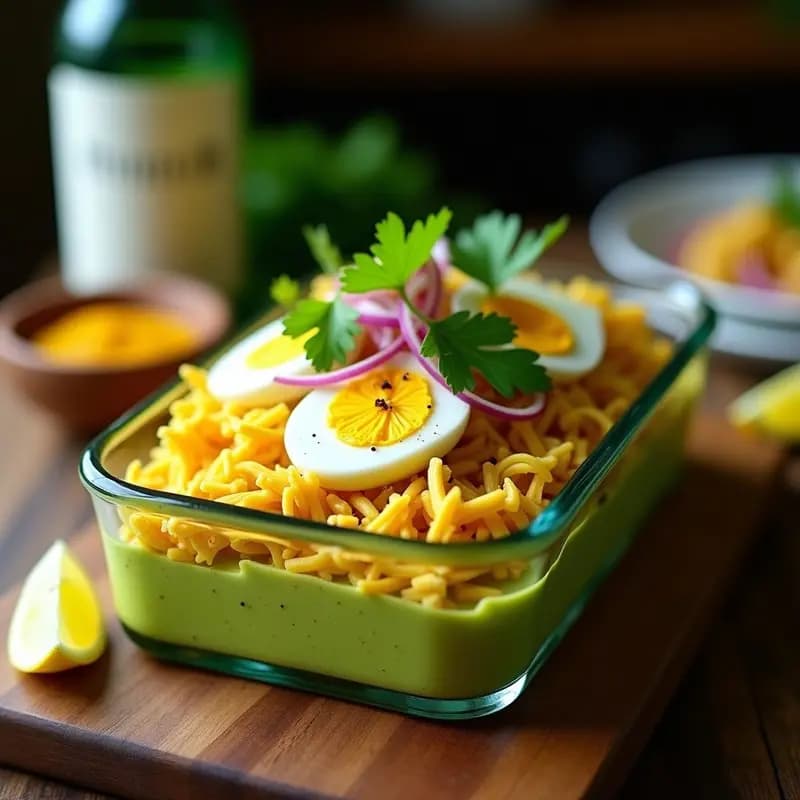 Causa Limeña de Palta y Pollo Desmenuzado servida en copa de cristal transparente, mostrando capas verdes de puré de palta, amarillo del pollo desmenuzado marinado, morado de cebolla y blanco de huevo duro, decorada con cilantro fresco y hilo de aceite de oliva.