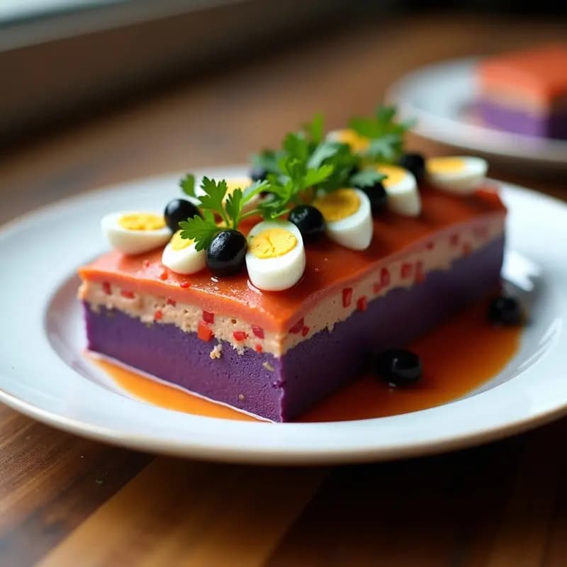 Causa Limeña de Papa Morada y Relleno de Atún: plato rectangular con capas moradas de puré de papa, relleno cremoso de atún y aguacate, decorado con huevo picado, pimentón asado y cilantro fresco.