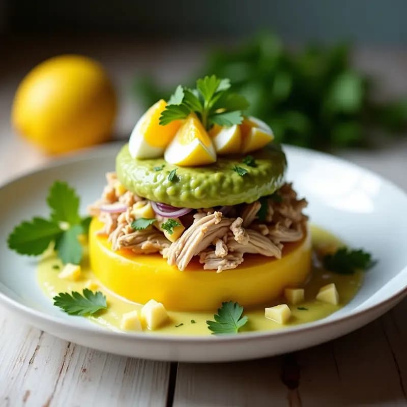 Causa Limeña de pollo y aguacate sin gluten en capas frescas, con base de papa amarilla, relleno de pollo desmenuzado y aguacate en rodajas, decorada con huevo duro, tomate cherry y hojas de lechuga morada sobre un plato blanco.