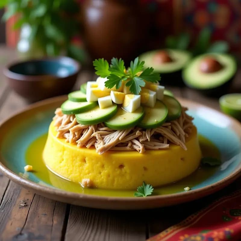Plato de causa limeña en capas perfectas: base de puré de papa amarilla, relleno de pollo desmenuzado en salsa verde vibrante, aguacate cremoso y decoración con huevo duro y cilantro fresco. Receta peruana sin gluten y baja en calorías.