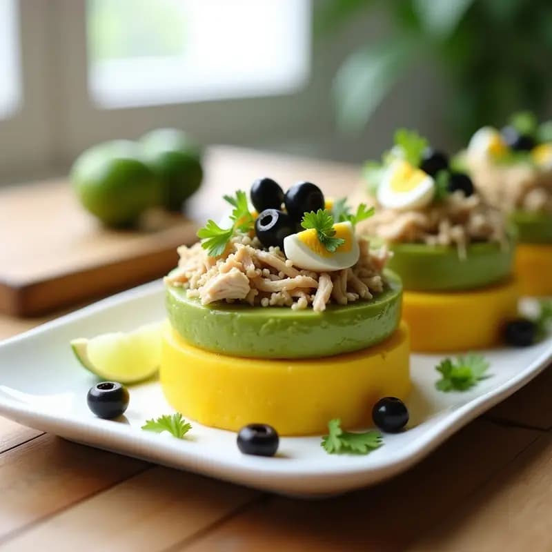 Causa limeña con pollo desmenuzado en capas perfectas: base de puré de papa amarilla, crema de aguacate verde, pollo desmenuzado con hierbas y decoración de huevo duro y aceitunas negras, servida en porciones rectangulares sobre plato blanco.