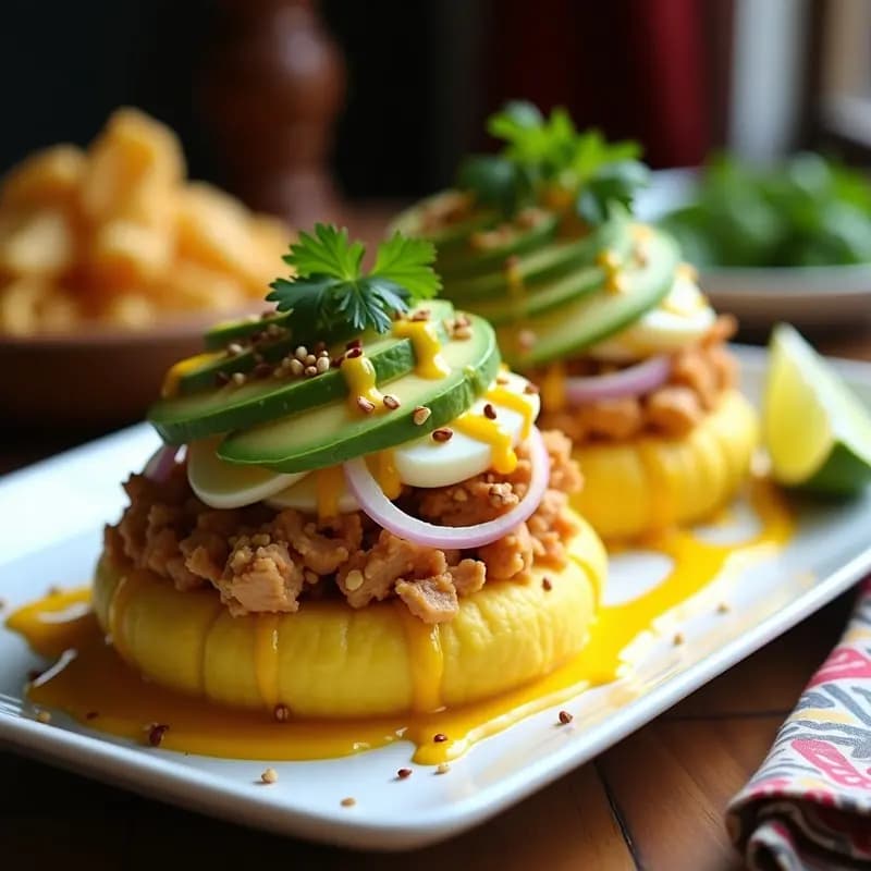 Plato de causa limeña de pollo y palta en capas perfectas, con base de puré de papa amarilla, relleno de pollo especiado con ají amarillo, palta cremosa, huevo picado y cebolla morada, decorado con ajonjolí tostado y hojas de cilantro fresco.