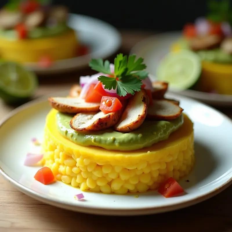 Causa limeña en capas frías rellena de pollo a la parrilla, con crema de aguacate verde, cebolla morada, tomate y cilantro sobre un plato blanco rústico, receta peruana tradicional.