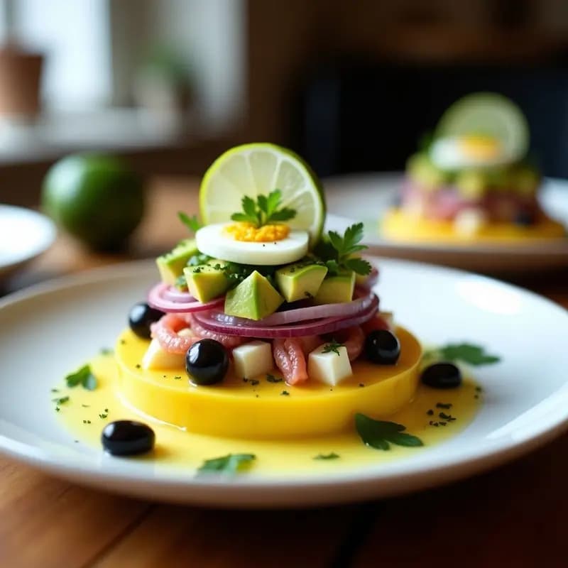 Causa Limeña de Pulpo y Aceituna Negra servida en molde rectangular, con capas visibles de puré de patata amarilla, láminas de aguacate y relleno de pulpo con aceitunas negras, decorada con cilantro fresco y aceite de oliva.